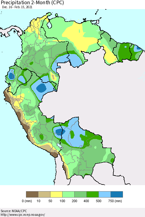 Northern South America Precipitation 2-Month (CPC) Thematic Map For 12/16/2020 - 2/15/2021