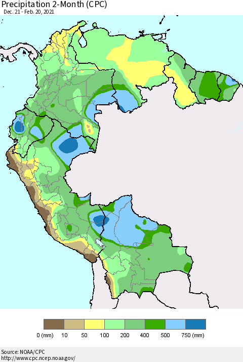 Northern South America Precipitation 2-Month (CPC) Thematic Map For 12/21/2020 - 2/20/2021