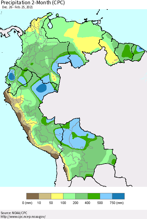 Northern South America Precipitation 2-Month (CPC) Thematic Map For 12/26/2020 - 2/25/2021