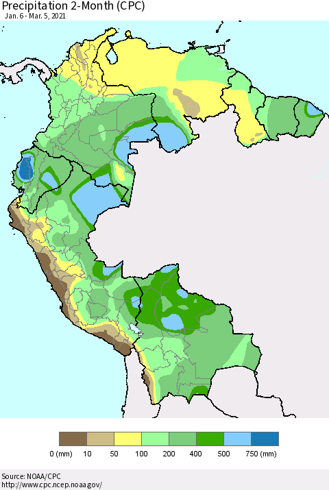 Northern South America Precipitation 2-Month (CPC) Thematic Map For 1/6/2021 - 3/5/2021