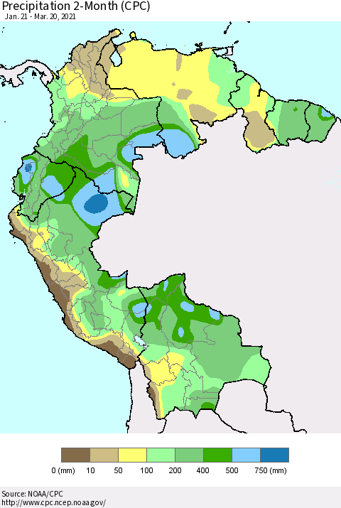 Northern South America Precipitation 2-Month (CPC) Thematic Map For 1/21/2021 - 3/20/2021