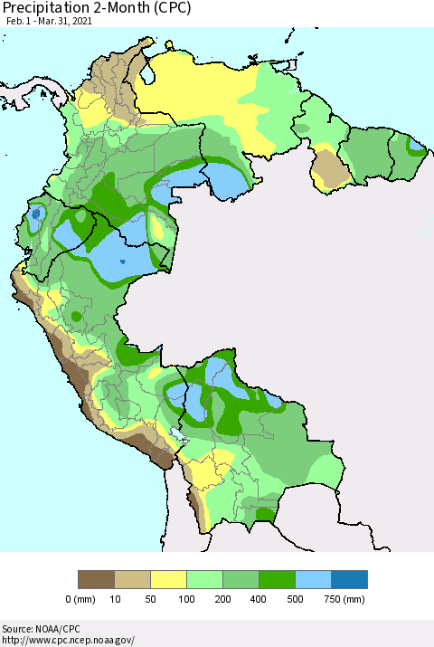 Northern South America Precipitation 2-Month (CPC) Thematic Map For 2/1/2021 - 3/31/2021