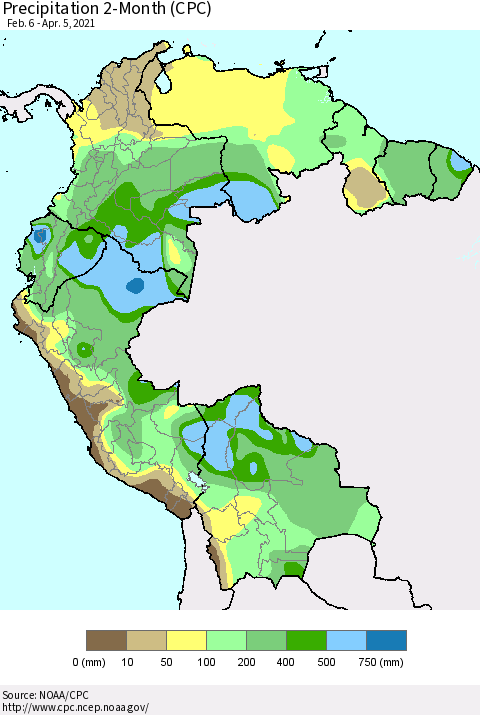 Northern South America Precipitation 2-Month (CPC) Thematic Map For 2/6/2021 - 4/5/2021