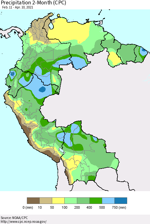 Northern South America Precipitation 2-Month (CPC) Thematic Map For 2/11/2021 - 4/10/2021