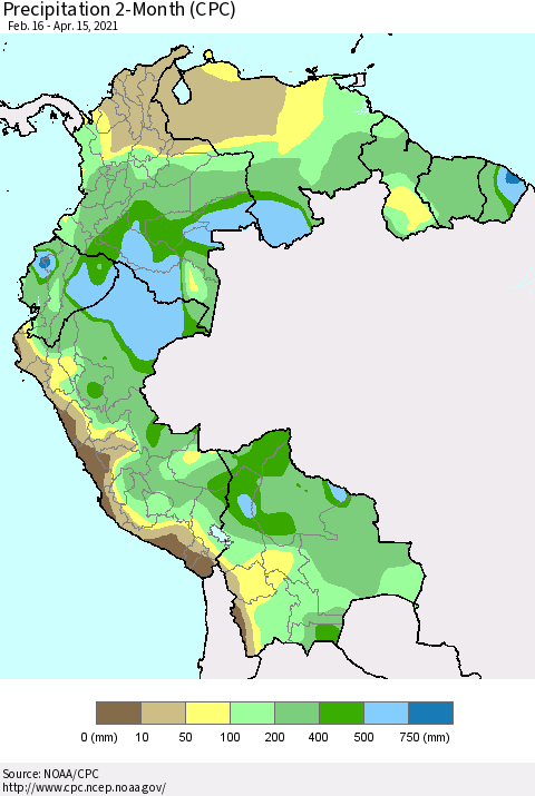 Northern South America Precipitation 2-Month (CPC) Thematic Map For 2/16/2021 - 4/15/2021