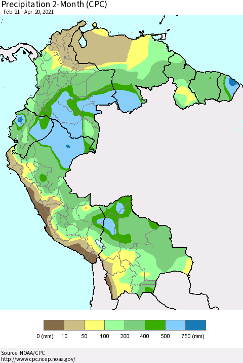 Northern South America Precipitation 2-Month (CPC) Thematic Map For 2/21/2021 - 4/20/2021