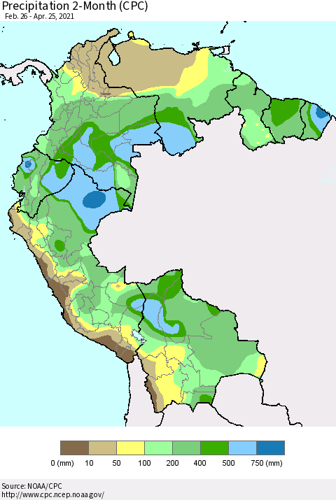 Northern South America Precipitation 2-Month (CPC) Thematic Map For 2/26/2021 - 4/25/2021