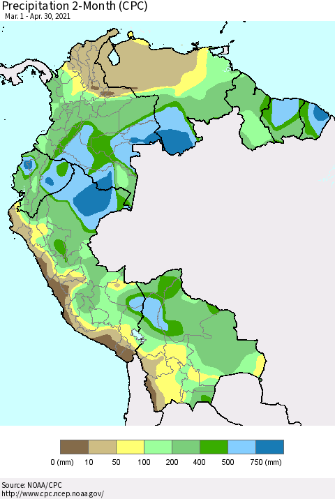 Northern South America Precipitation 2-Month (CPC) Thematic Map For 3/1/2021 - 4/30/2021