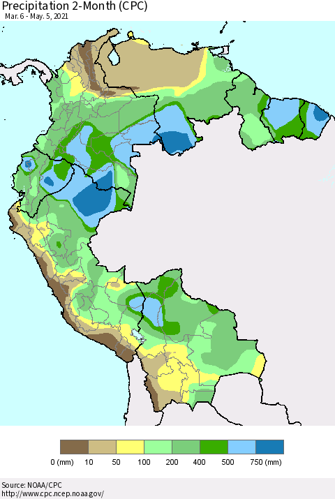 Northern South America Precipitation 2-Month (CPC) Thematic Map For 3/6/2021 - 5/5/2021