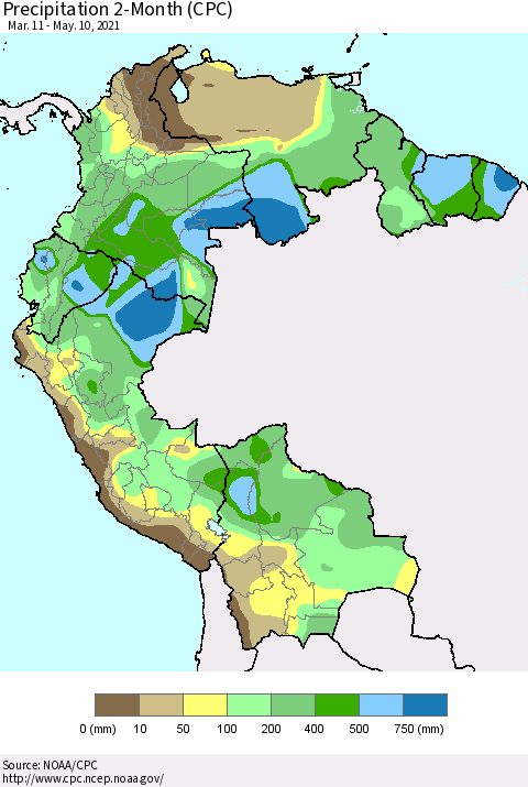 Northern South America Precipitation 2-Month (CPC) Thematic Map For 3/11/2021 - 5/10/2021
