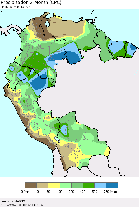 Northern South America Precipitation 2-Month (CPC) Thematic Map For 3/16/2021 - 5/15/2021