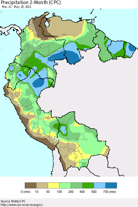 Northern South America Precipitation 2-Month (CPC) Thematic Map For 3/21/2021 - 5/20/2021