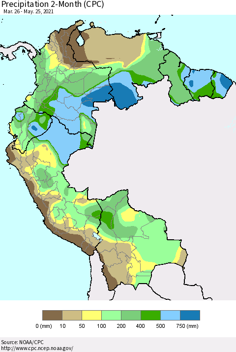 Northern South America Precipitation 2-Month (CPC) Thematic Map For 3/26/2021 - 5/25/2021