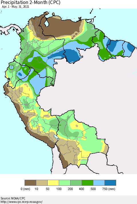 Northern South America Precipitation 2-Month (CPC) Thematic Map For 4/1/2021 - 5/31/2021