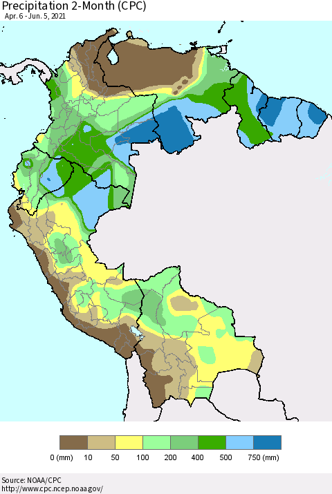 Northern South America Precipitation 2-Month (CPC) Thematic Map For 4/6/2021 - 6/5/2021