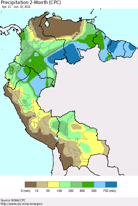 Northern South America Precipitation 2-Month (CPC) Thematic Map For 4/11/2021 - 6/10/2021