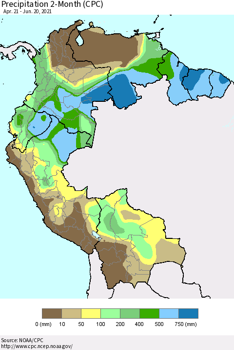 Northern South America Precipitation 2-Month (CPC) Thematic Map For 4/21/2021 - 6/20/2021