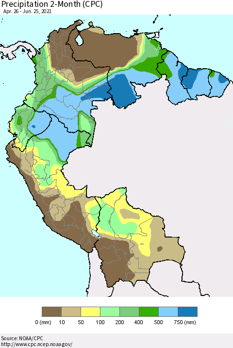 Northern South America Precipitation 2-Month (CPC) Thematic Map For 4/26/2021 - 6/25/2021