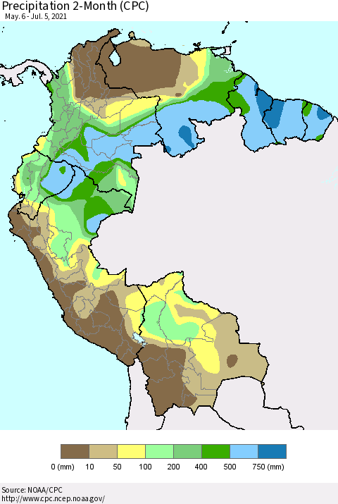 Northern South America Precipitation 2-Month (CPC) Thematic Map For 5/6/2021 - 7/5/2021