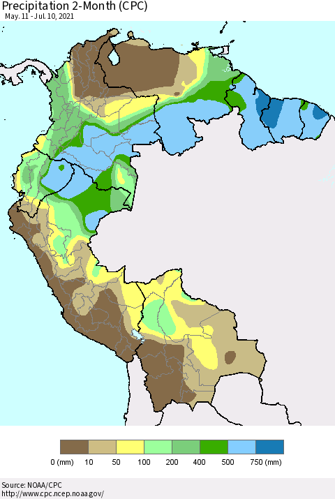 Northern South America Precipitation 2-Month (CPC) Thematic Map For 5/11/2021 - 7/10/2021