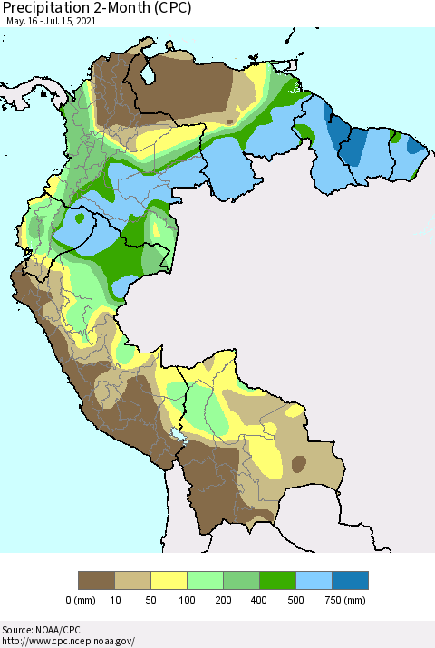 Northern South America Precipitation 2-Month (CPC) Thematic Map For 5/16/2021 - 7/15/2021