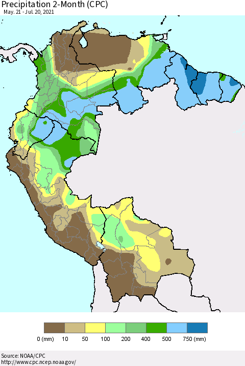 Northern South America Precipitation 2-Month (CPC) Thematic Map For 5/21/2021 - 7/20/2021