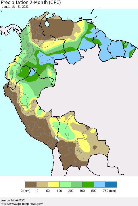 Northern South America Precipitation 2-Month (CPC) Thematic Map For 6/1/2021 - 7/31/2021