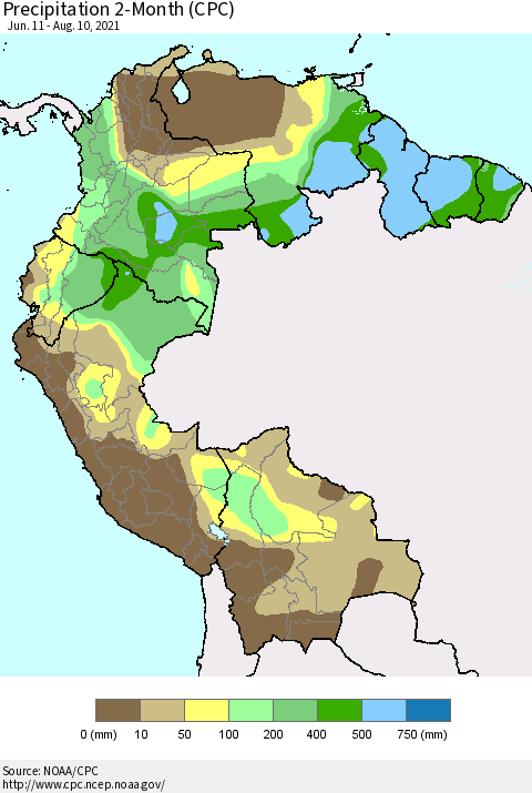Northern South America Precipitation 2-Month (CPC) Thematic Map For 6/11/2021 - 8/10/2021