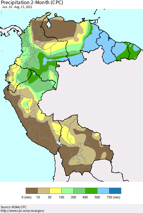 Northern South America Precipitation 2-Month (CPC) Thematic Map For 6/16/2021 - 8/15/2021
