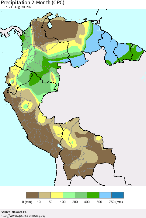 Northern South America Precipitation 2-Month (CPC) Thematic Map For 6/21/2021 - 8/20/2021