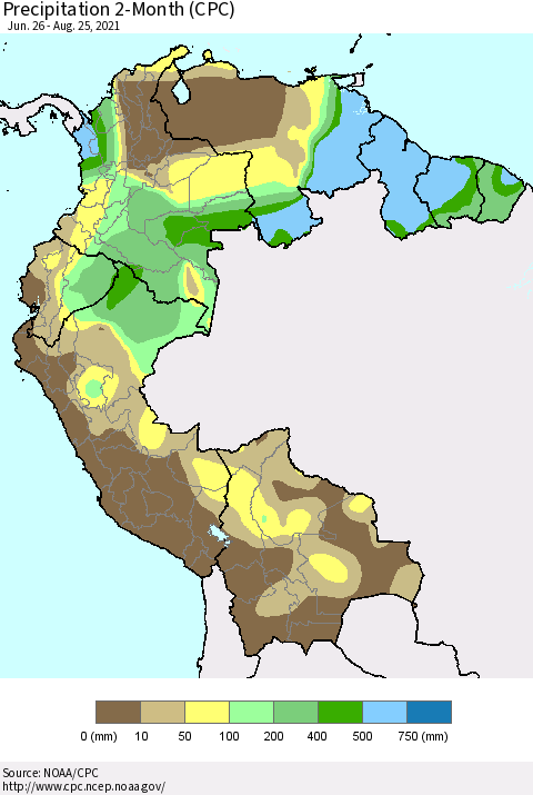 Northern South America Precipitation 2-Month (CPC) Thematic Map For 6/26/2021 - 8/25/2021