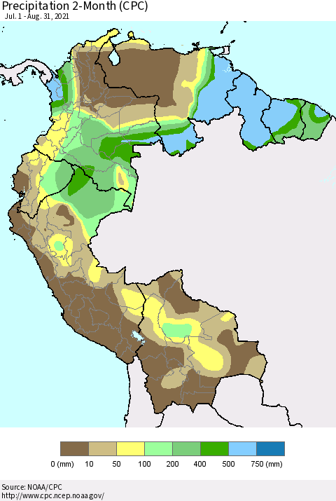 Northern South America Precipitation 2-Month (CPC) Thematic Map For 7/1/2021 - 8/31/2021