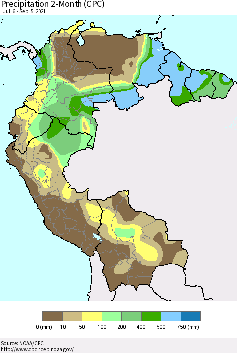 Northern South America Precipitation 2-Month (CPC) Thematic Map For 7/6/2021 - 9/5/2021