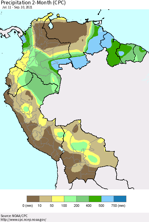 Northern South America Precipitation 2-Month (CPC) Thematic Map For 7/11/2021 - 9/10/2021