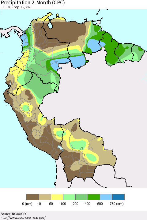 Northern South America Precipitation 2-Month (CPC) Thematic Map For 7/16/2021 - 9/15/2021