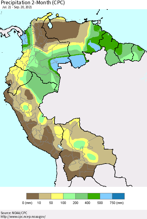 Northern South America Precipitation 2-Month (CPC) Thematic Map For 7/21/2021 - 9/20/2021