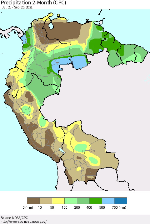 Northern South America Precipitation 2-Month (CPC) Thematic Map For 7/26/2021 - 9/25/2021