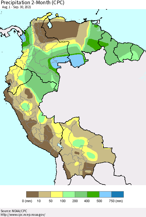 Northern South America Precipitation 2-Month (CPC) Thematic Map For 8/1/2021 - 9/30/2021