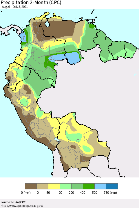 Northern South America Precipitation 2-Month (CPC) Thematic Map For 8/6/2021 - 10/5/2021