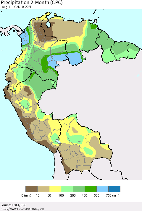 Northern South America Precipitation 2-Month (CPC) Thematic Map For 8/11/2021 - 10/10/2021