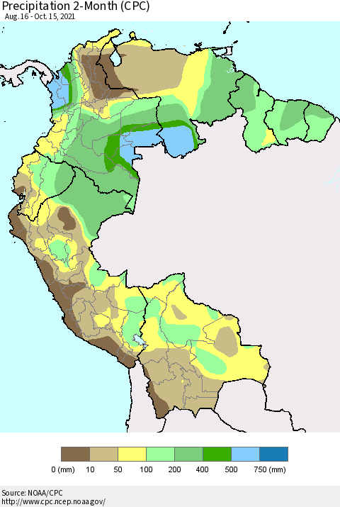 Northern South America Precipitation 2-Month (CPC) Thematic Map For 8/16/2021 - 10/15/2021