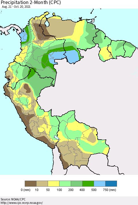 Northern South America Precipitation 2-Month (CPC) Thematic Map For 8/21/2021 - 10/20/2021