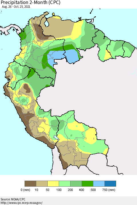 Northern South America Precipitation 2-Month (CPC) Thematic Map For 8/26/2021 - 10/25/2021