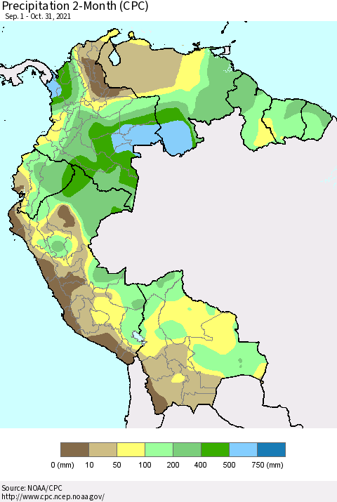 Northern South America Precipitation 2-Month (CPC) Thematic Map For 9/1/2021 - 10/31/2021