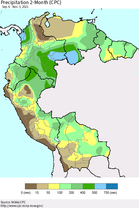 Northern South America Precipitation 2-Month (CPC) Thematic Map For 9/6/2021 - 11/5/2021