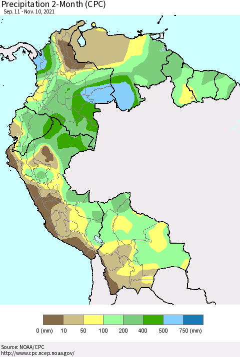 Northern South America Precipitation 2-Month (CPC) Thematic Map For 9/11/2021 - 11/10/2021
