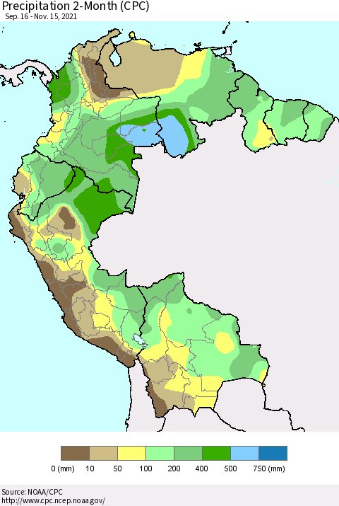 Northern South America Precipitation 2-Month (CPC) Thematic Map For 9/16/2021 - 11/15/2021