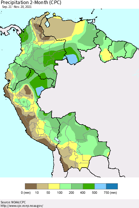 Northern South America Precipitation 2-Month (CPC) Thematic Map For 9/21/2021 - 11/20/2021