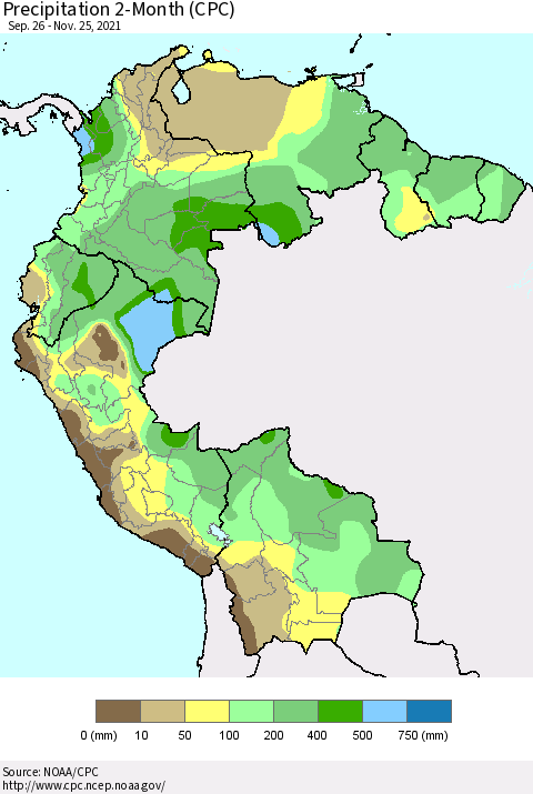 Northern South America Precipitation 2-Month (CPC) Thematic Map For 9/26/2021 - 11/25/2021