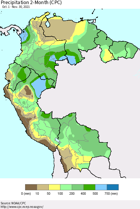 Northern South America Precipitation 2-Month (CPC) Thematic Map For 10/1/2021 - 11/30/2021